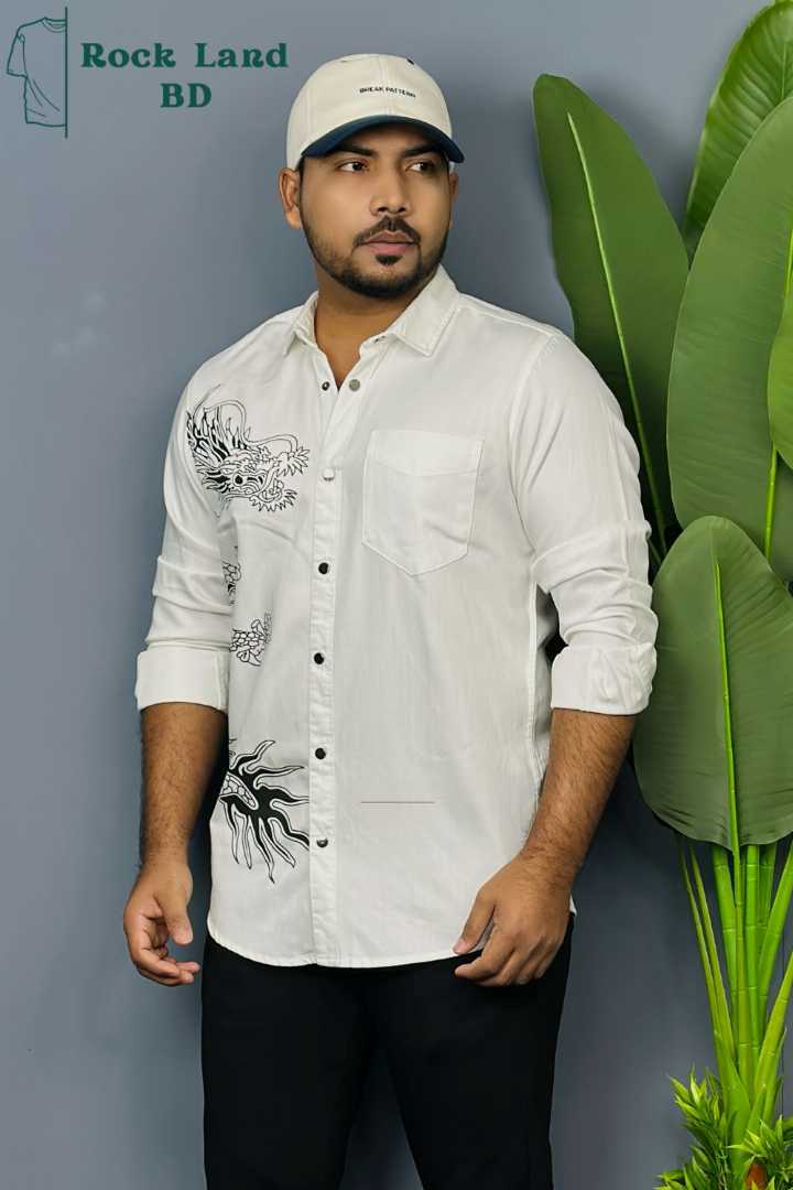 men casual shirt, dragon print shirt, white printed shirt men, premium casual shirt bd, stylish men shirt, rock land bd shirt, printed shirt for men, fashion shirt bangladesh