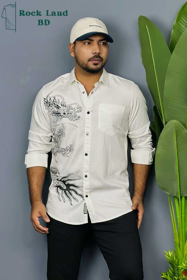 men casual shirt, dragon print shirt, white printed shirt men, premium casual shirt bd, stylish men shirt, rock land bd shirt, printed shirt for men, fashion shirt bangladesh