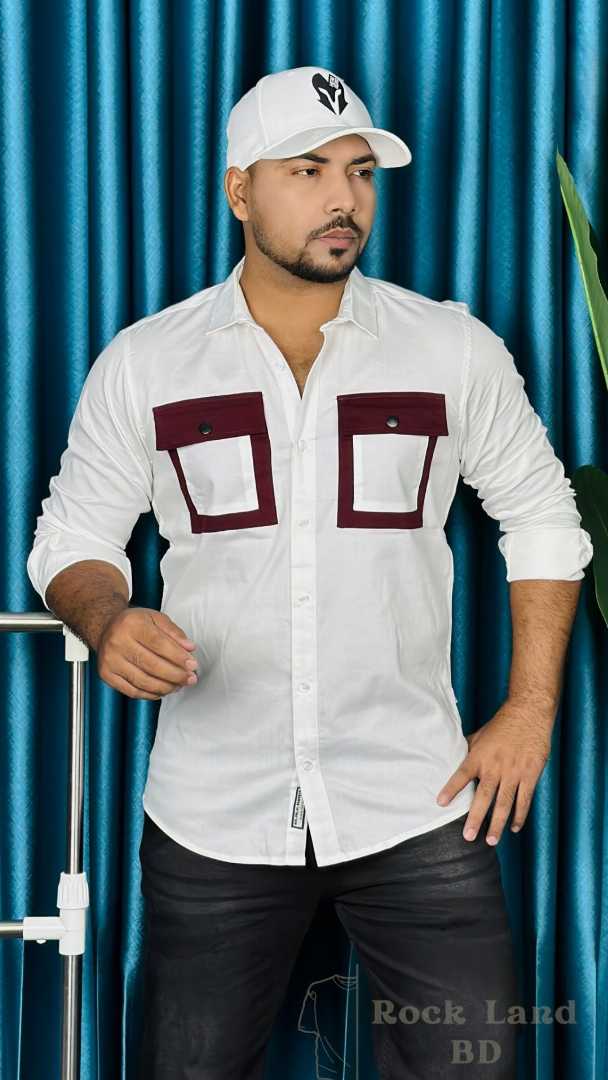 men white shirt, stylish casual shirt men, full sleeve shirt Bangladesh, contrast pocket shirt, fashion shirt for men, white slim fit shirt, trendy men shirt, Rock Land BD shirt, premium casual shirt