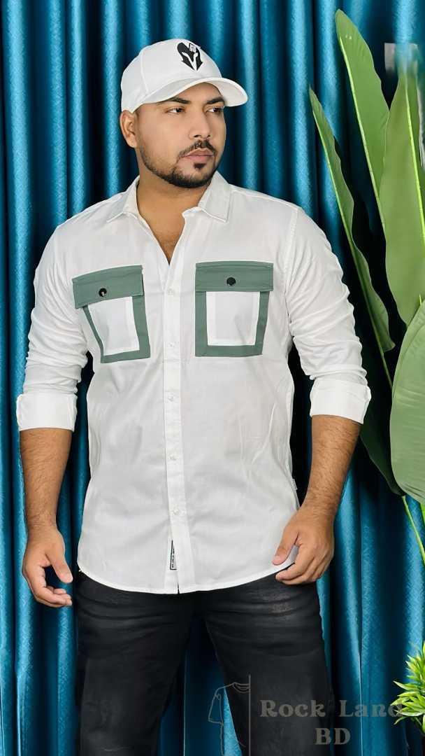 men white shirt, stylish casual shirt men, full sleeve shirt Bangladesh, contrast pocket shirt, fashion shirt for men, white slim fit shirt, trendy men shirt, Rock Land BD shirt, premium casual shirt
