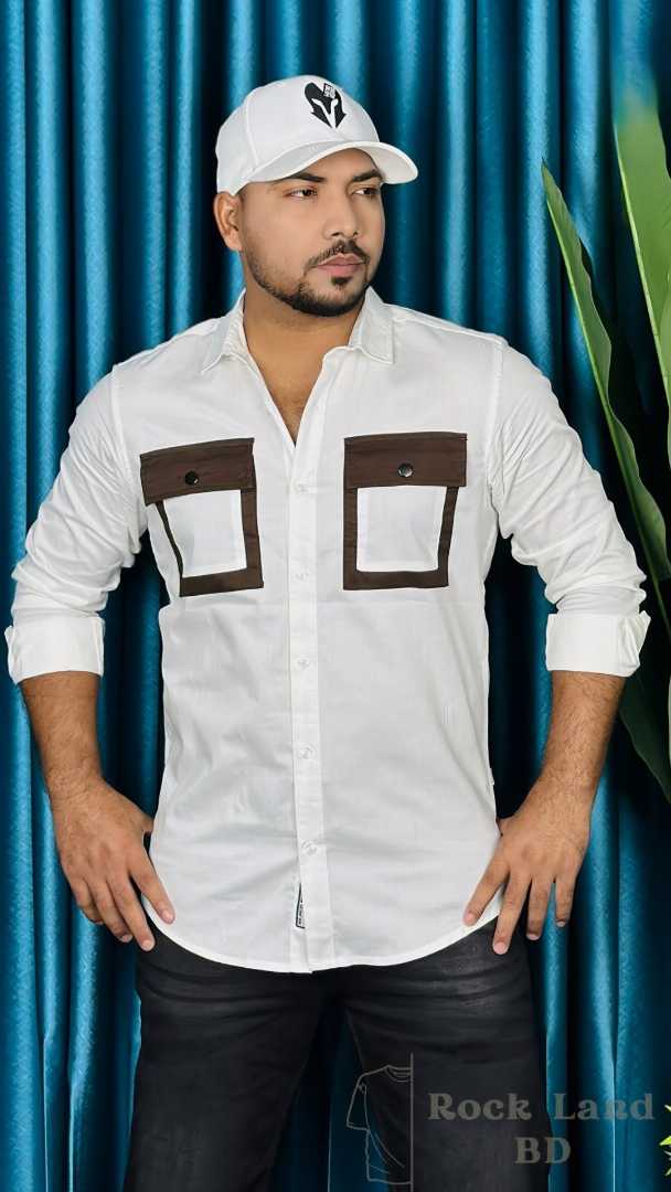 men white shirt, stylish casual shirt men, full sleeve shirt Bangladesh, contrast pocket shirt, fashion shirt for men, white slim fit shirt, trendy men shirt, Rock Land BD shirt, premium casual shirt