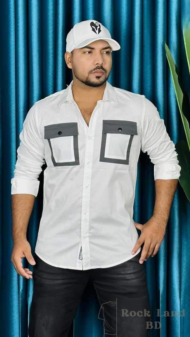 men white shirt, stylish casual shirt men, full sleeve shirt Bangladesh, contrast pocket shirt, fashion shirt for men, white slim fit shirt, trendy men shirt, Rock Land BD shirt, premium casual shirt