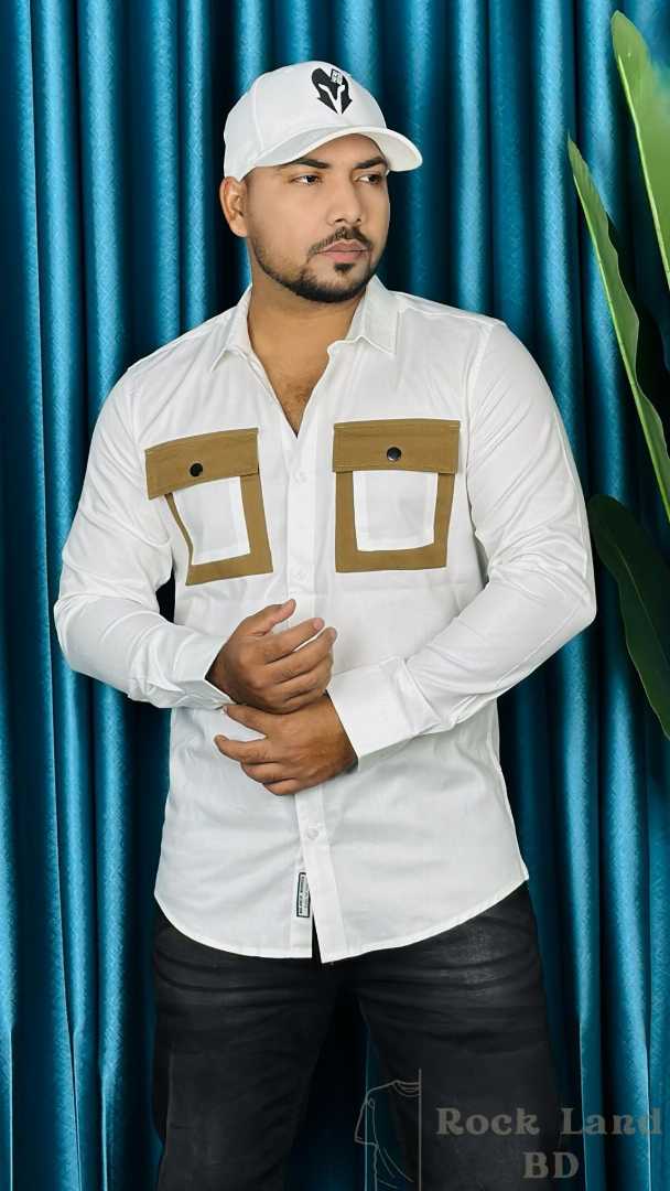 men white shirt, stylish casual shirt men, full sleeve shirt Bangladesh, contrast pocket shirt, fashion shirt for men, white slim fit shirt, trendy men shirt, Rock Land BD shirt, premium casual shirt