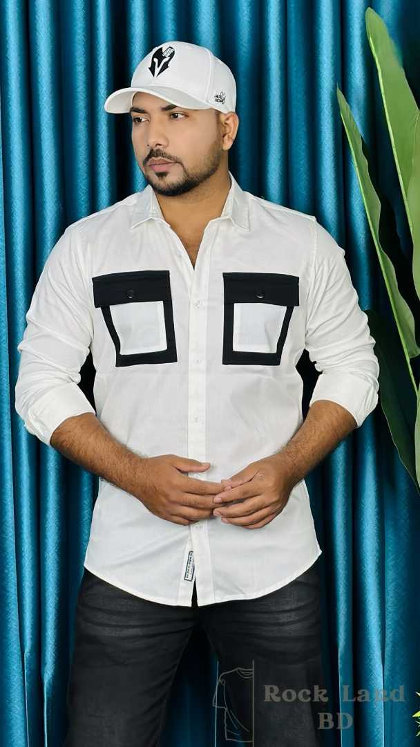 men white shirt, stylish casual shirt men, full sleeve shirt Bangladesh, contrast pocket shirt, fashion shirt for men, white slim fit shirt, trendy men shirt, Rock Land BD shirt, premium casual shirt
