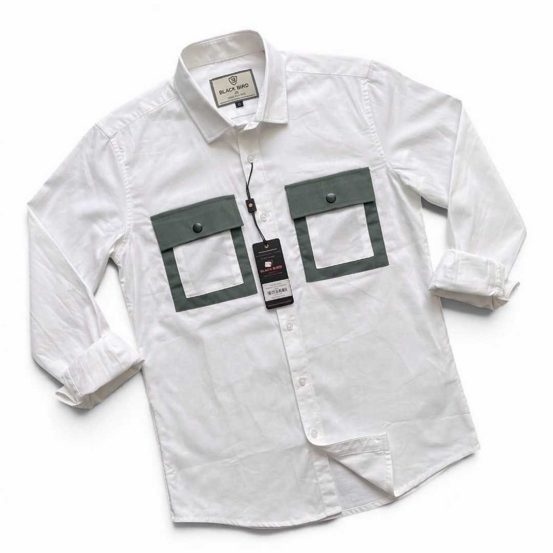 men white shirt, stylish casual shirt men, full sleeve shirt Bangladesh, contrast pocket shirt, fashion shirt for men, white slim fit shirt, trendy men shirt, Rock Land BD shirt, premium casual shirt