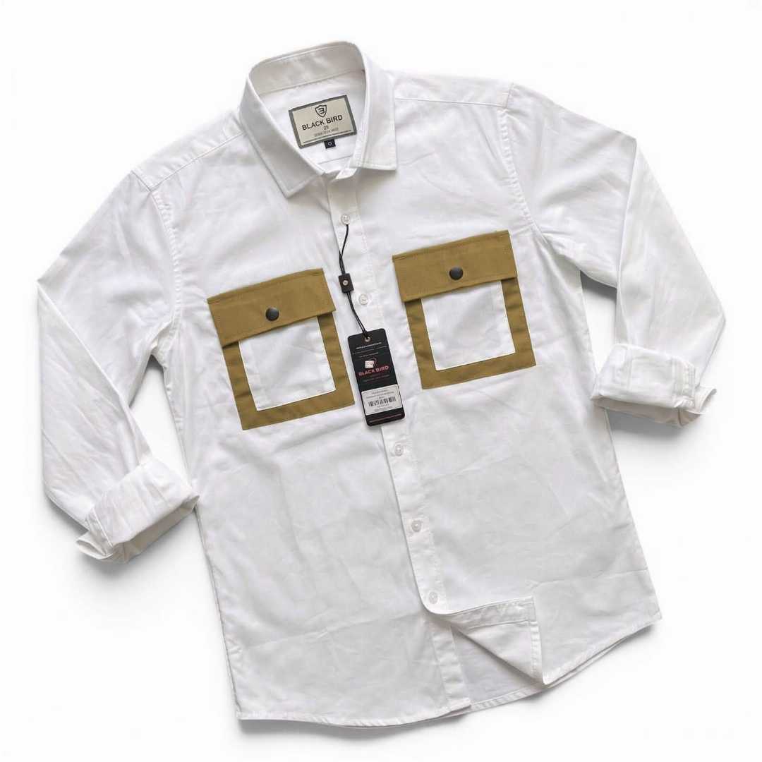 men white shirt, stylish casual shirt men, full sleeve shirt Bangladesh, contrast pocket shirt, fashion shirt for men, white slim fit shirt, trendy men shirt, Rock Land BD shirt, premium casual shirt